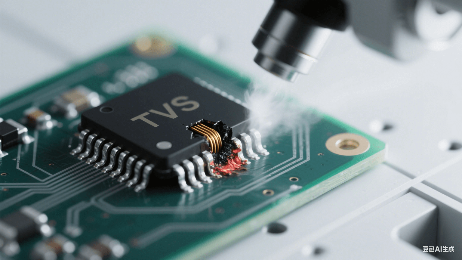 汽車電子SMT產線顯微鏡視角,黑色TVS芯片內部結構特寫 汽車電子SMT產線顯微鏡視角,黑色TVS芯片內部結構特寫