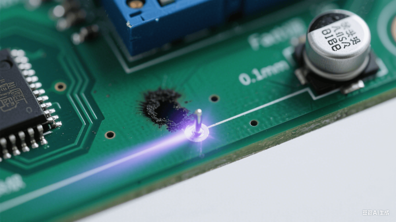 開關電源PCB局部特寫,深綠色基板上,反饋引腳與相鄰走線的0.1mm間隙處有細微焦黑痕跡(靜電擊穿點) 開關電源PCB局部特寫,深綠色基板上,反饋引腳與相鄰走線的0.1mm間隙處有細微焦黑痕跡(靜電擊穿點)