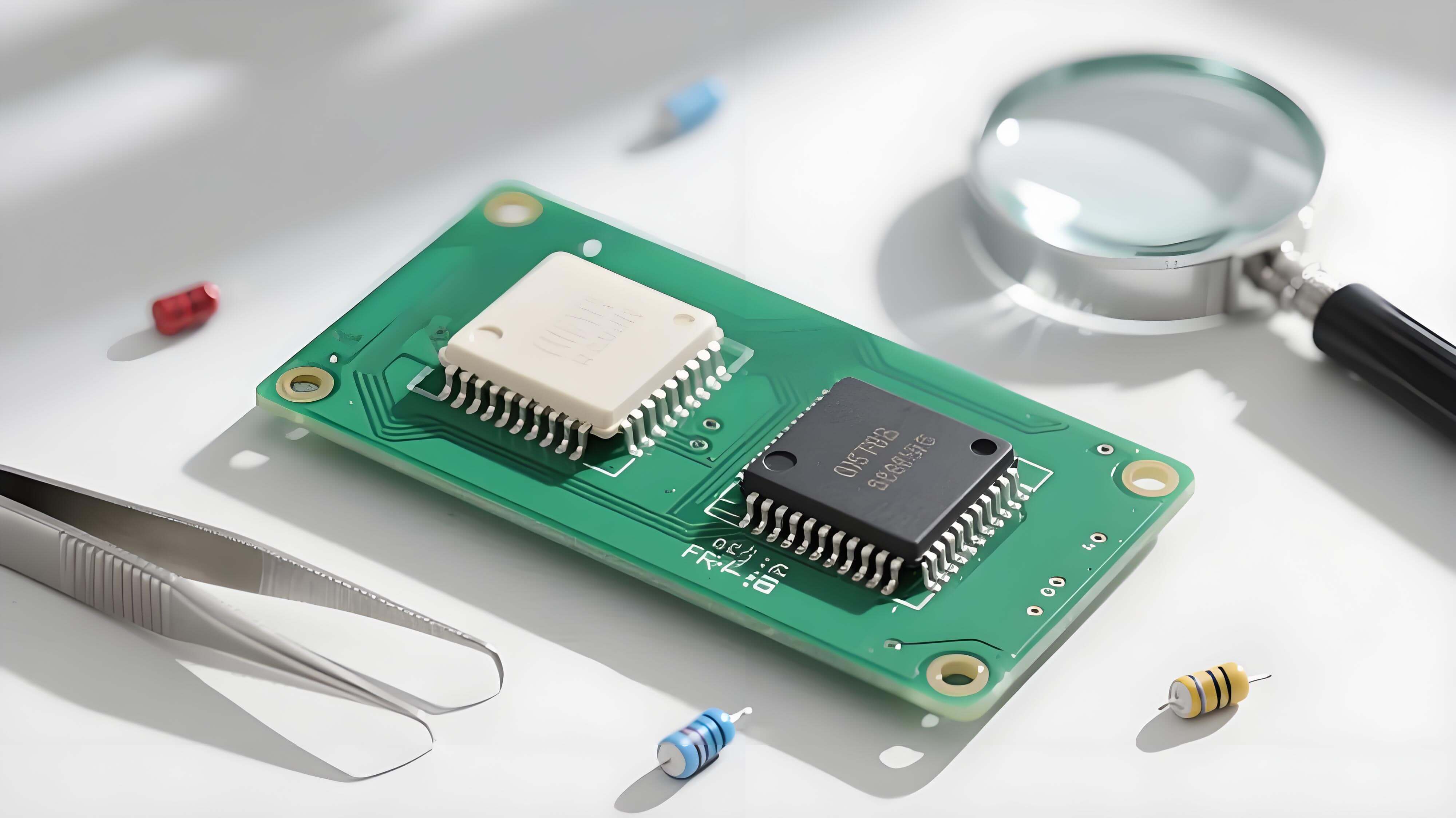 選型對比臺,左側陶瓷材質 DIP 芯片(米白色)、右側環氧樹脂 DIP 芯片(黑色),均插于帶通孔的 PCB 板,旁置放大鏡與金屬鑷子,自然光下材質紋理分明 選型對比臺,左側陶瓷材質 DIP 芯片(米白色)、右側環氧樹脂 DIP 芯片(黑色),均插于帶通孔的 PCB 板,旁置放大鏡與金屬鑷子,自然光下材質紋理分明