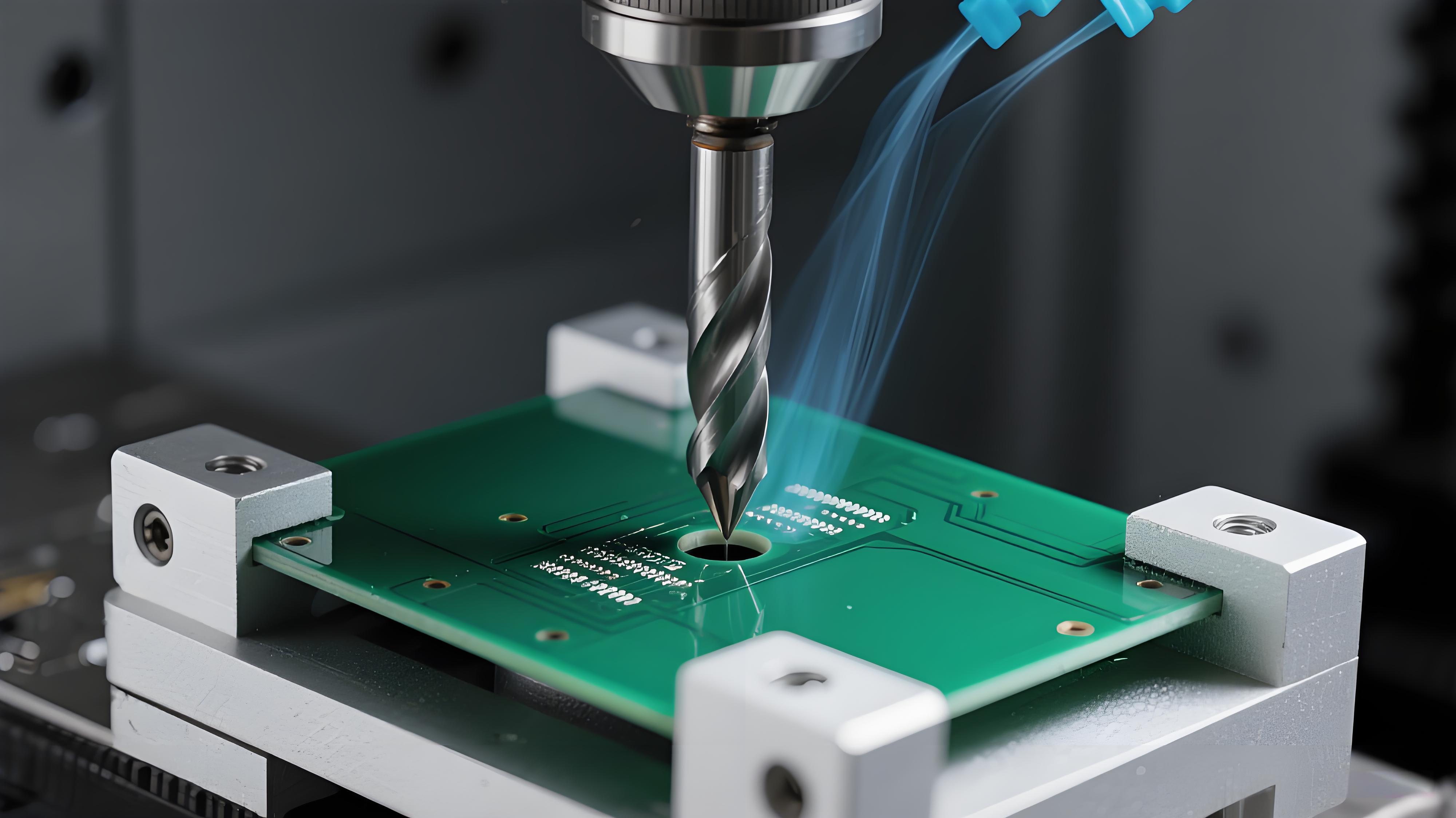 高Tg FR4基材PCB背鉆 銀色鉆頭與淡藍色冷卻氣流 耐熱基材特寫.jpeg