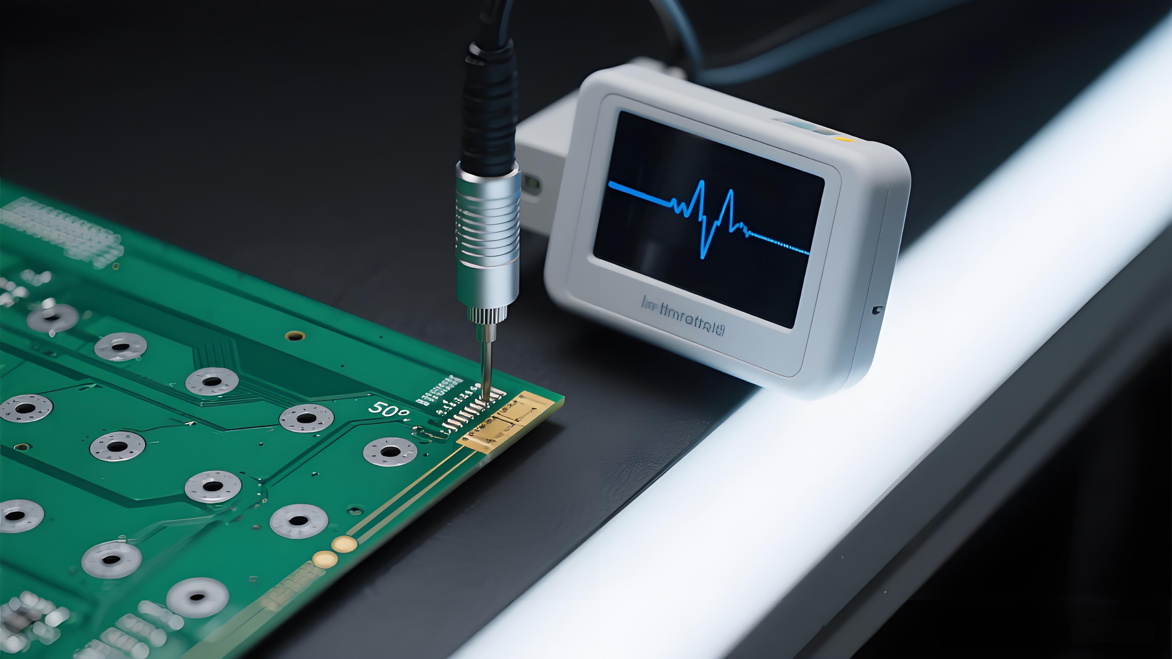 PCB背鉆后阻抗測試 銀色探頭與藍色50Ω阻抗波形 信號完整性驗證.jpeg