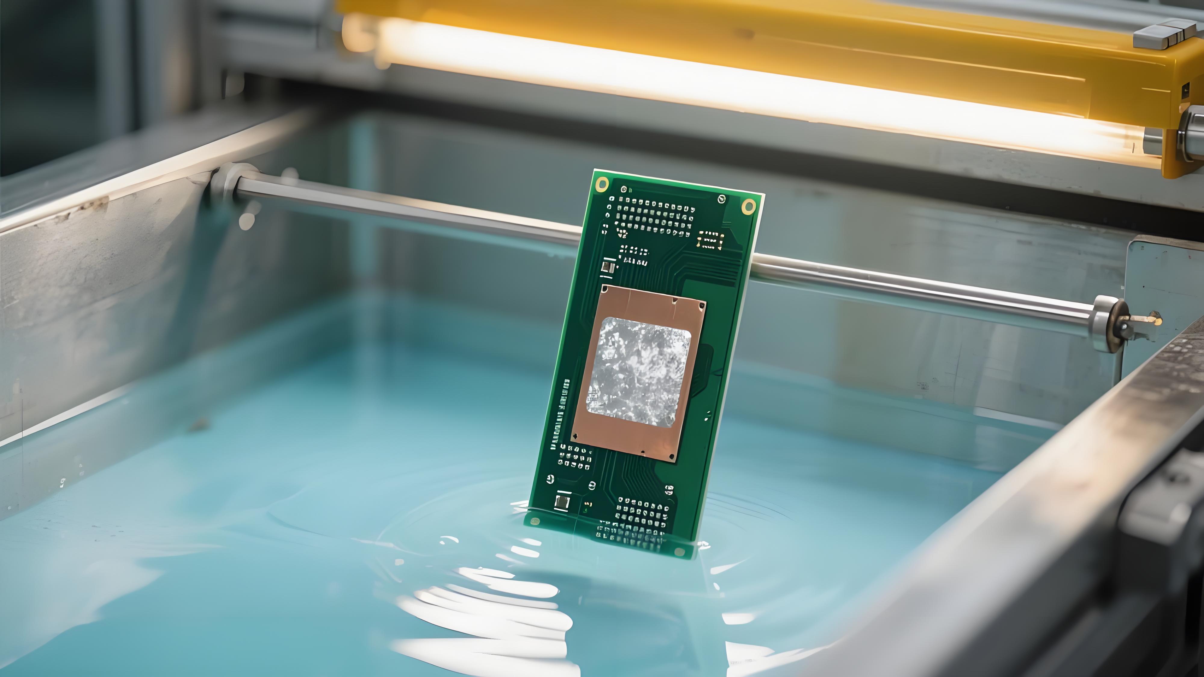 PCB沉銀工藝反應槽場景，PCB板在淡藍色藥液中沉積銀白色銀層.jpeg