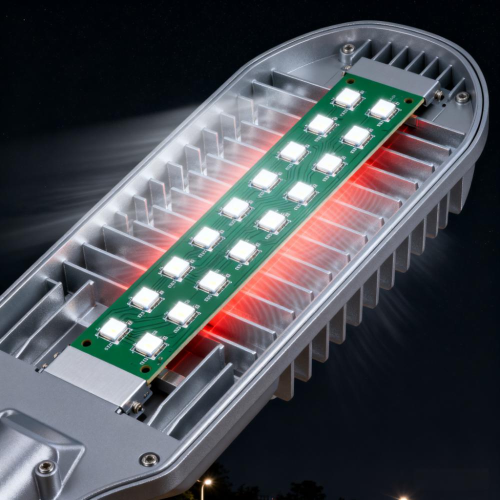 高功率LED路燈內部鋁基板散熱場景，LED芯片熱量通過鋁基板傳導至外殼鰭片.jpeg
