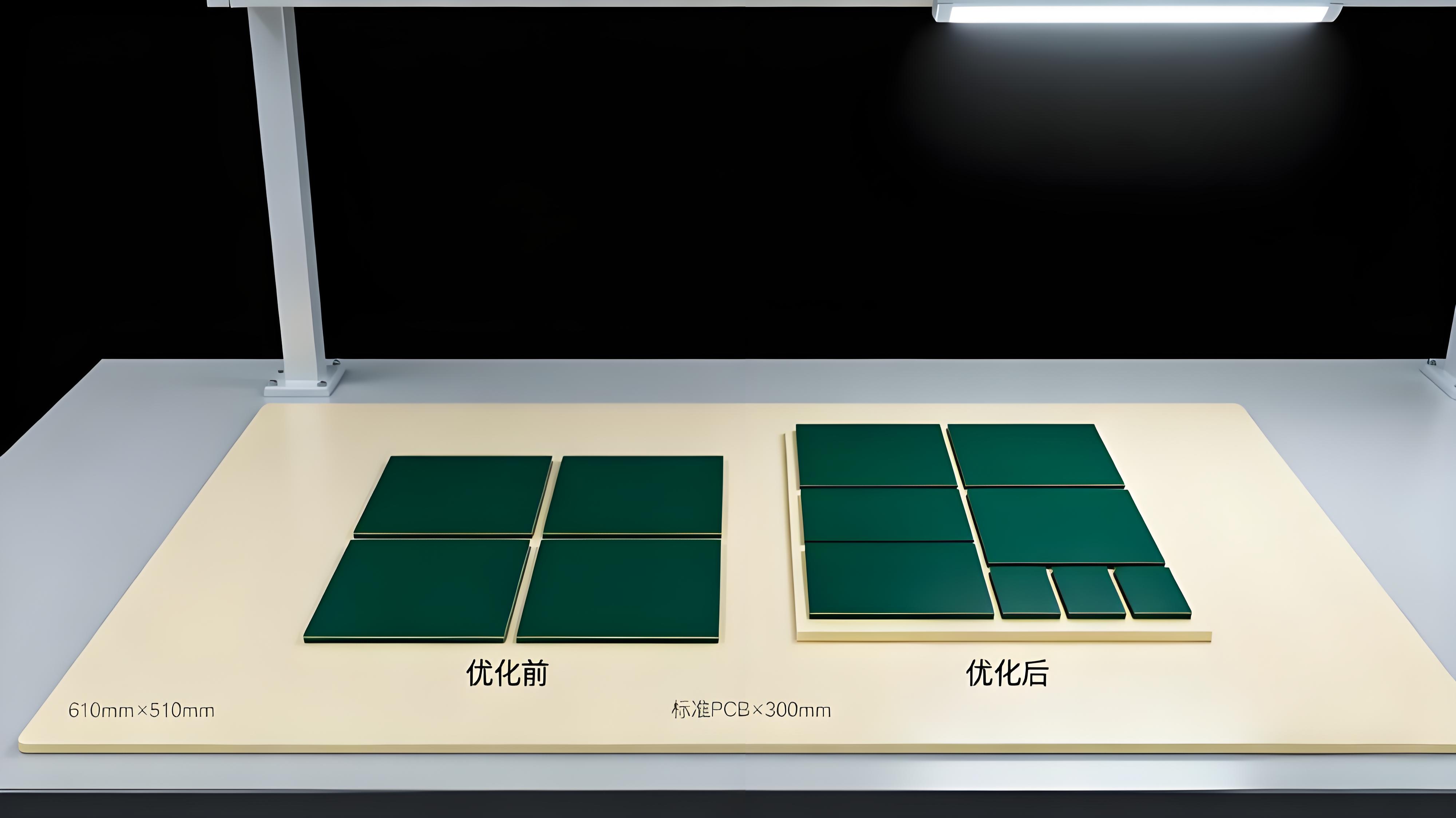 PCB拼板利用率優化對比場景,610mm×510mm板材上優化前后排列差異顯著.jpeg