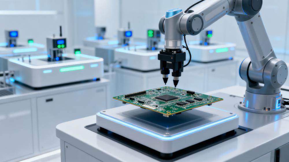 高頻板材介電常數測試-自動化測試實驗室,機械臂在現代化實驗室中處理PCB板進行質量檢測.jpeg
