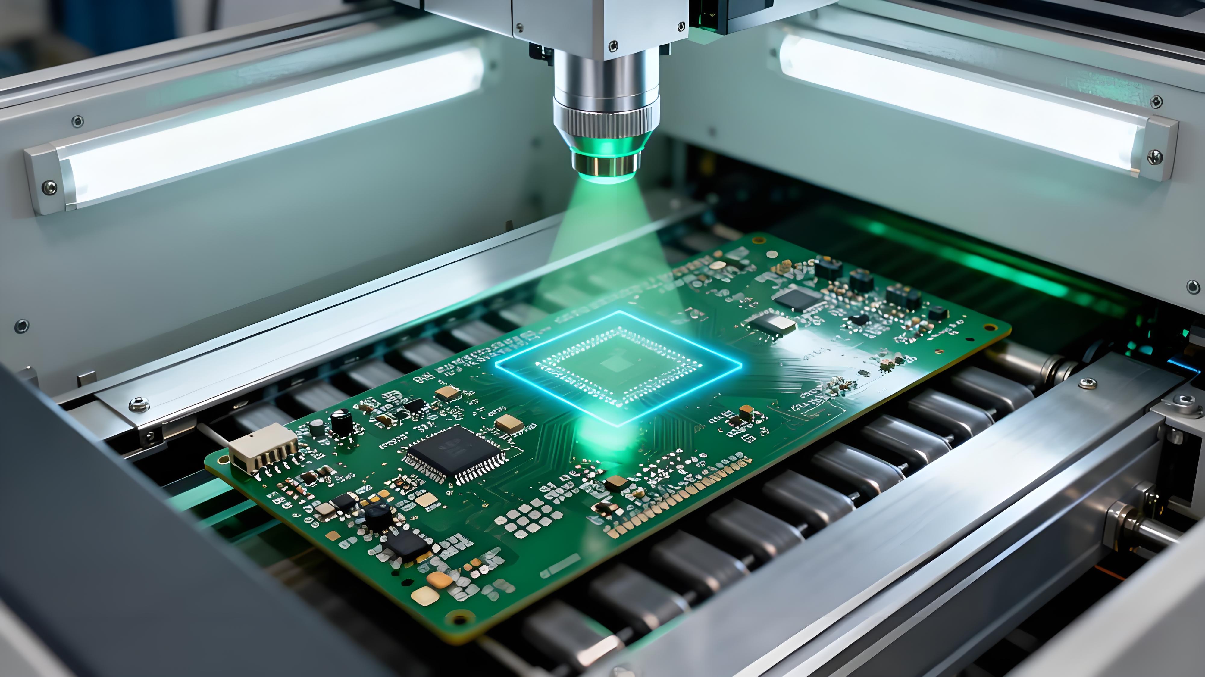 AOI自動(dòng)光學(xué)檢測(cè)場(chǎng)景,光學(xué)鏡頭釋放淡綠色掃描光識(shí)別PCB外觀缺陷.jpeg