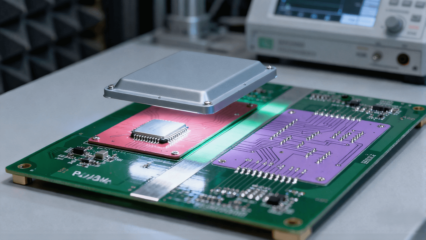 射頻前端 PCB 信號隔離場景,接地隔離帶 + 屏蔽罩分隔射頻與數(shù)字區(qū)防串?dāng)_.png