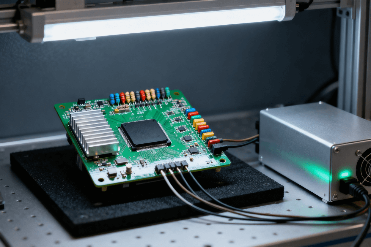 動態通電老化測試 綠色PCBA板 電源模塊與導線連接 實驗室場景.png