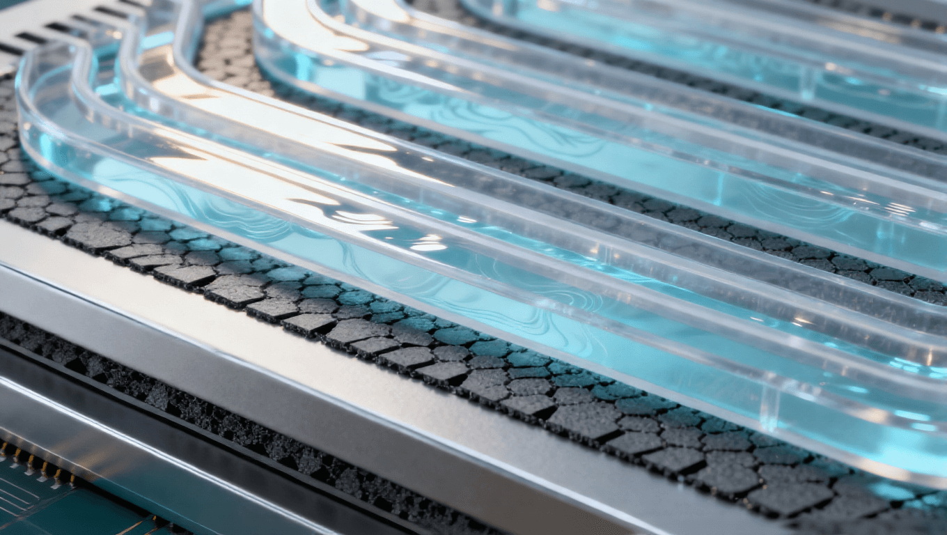 透明硅通道與淡藍色冷卻液,石墨烯熱界面材料.png