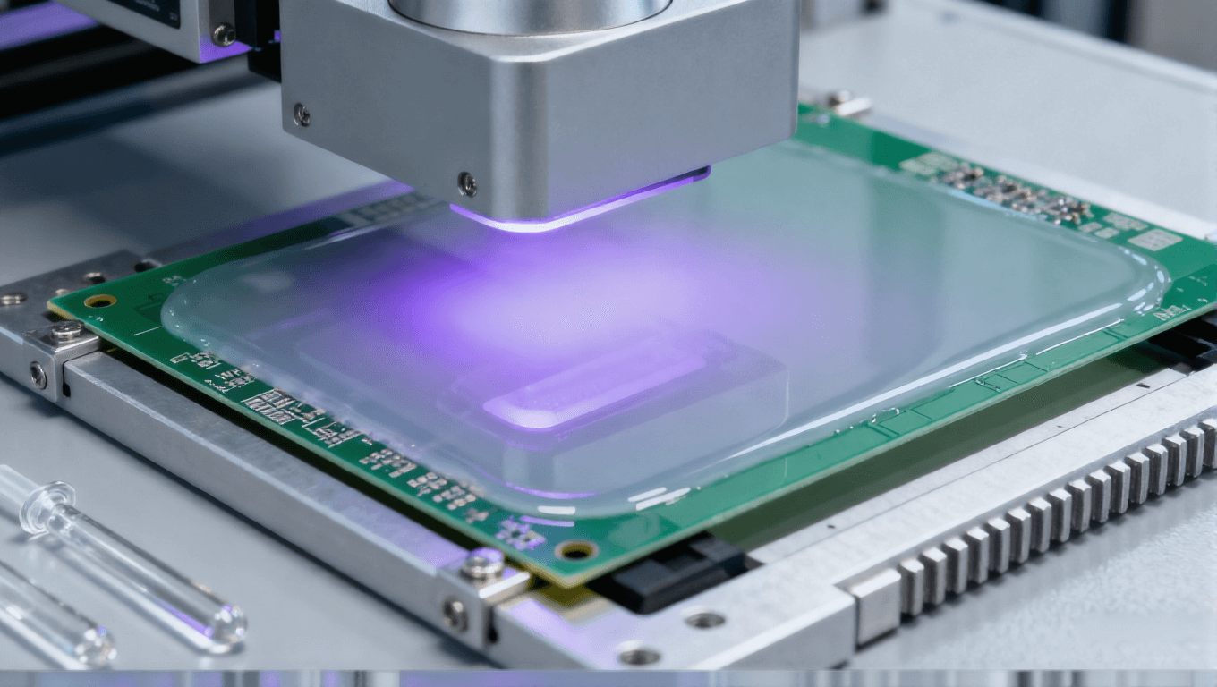 PCB半加成法光刻工序特寫,FR-4 PCB基板、淡紫色紫外光、銀灰色光刻設備光學組件.png