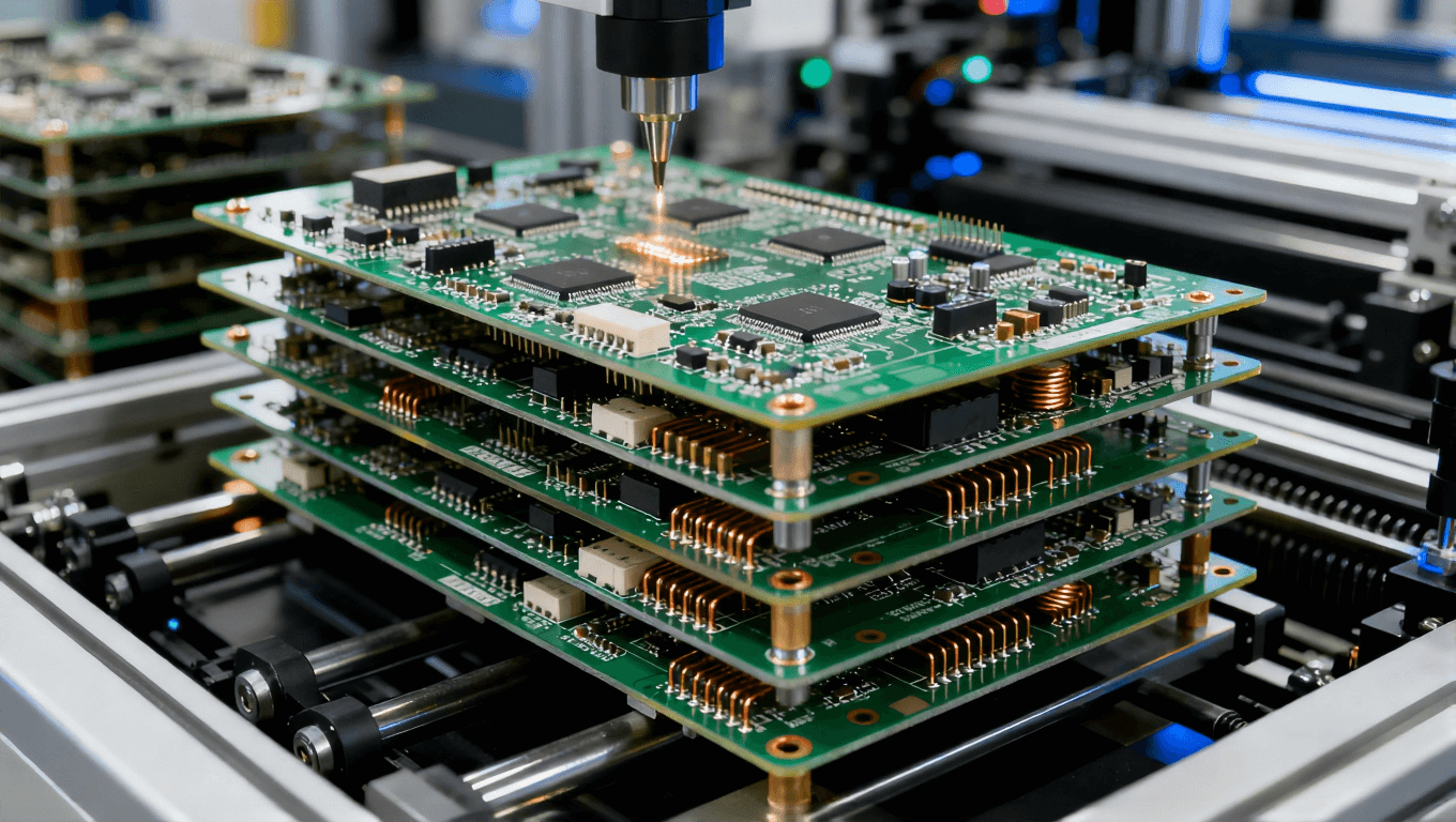 精密的高多層PCB制造過程,展示多層電路板、焊接點和電子元件,突出高科技工廠中的精細操作.png