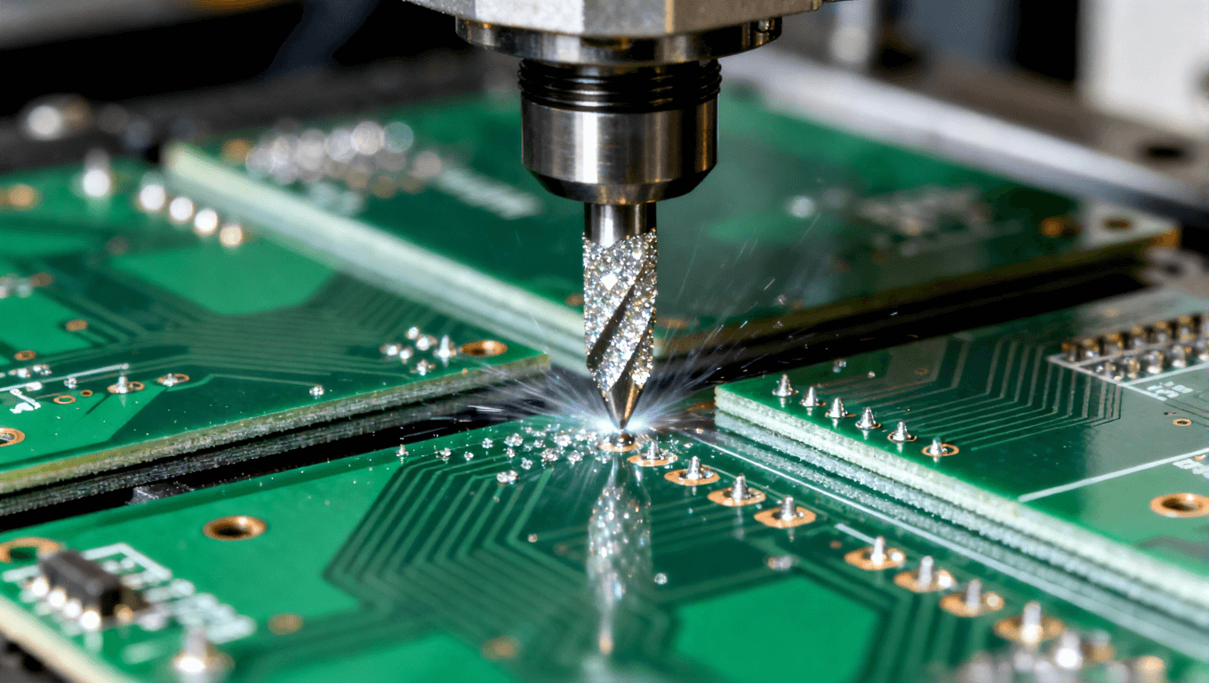 精密鉆孔工藝,展示鉆石涂層鉆頭切割多層PCB,突顯高速鉆孔的細節和精度.png