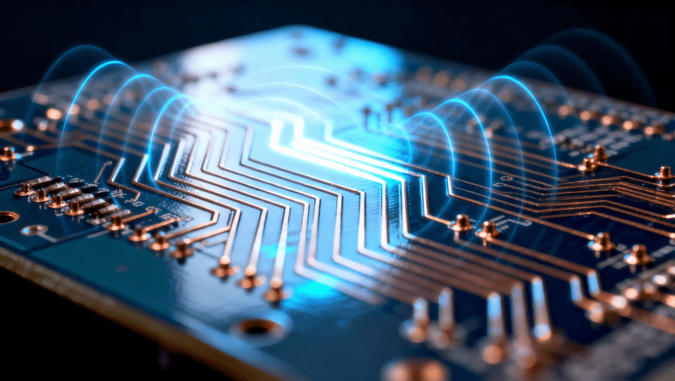 高頻電路板特寫，藍色光影下精確的銅線軌跡，展示介電常數穩定性對信號完整性的影響.png