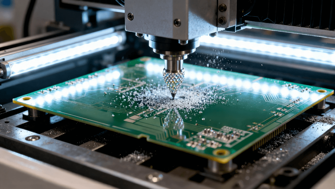 CNC鉆床加工高頻電路板特寫，金剛石涂層鉆頭與精細粉塵，展示高精度制造工藝.png