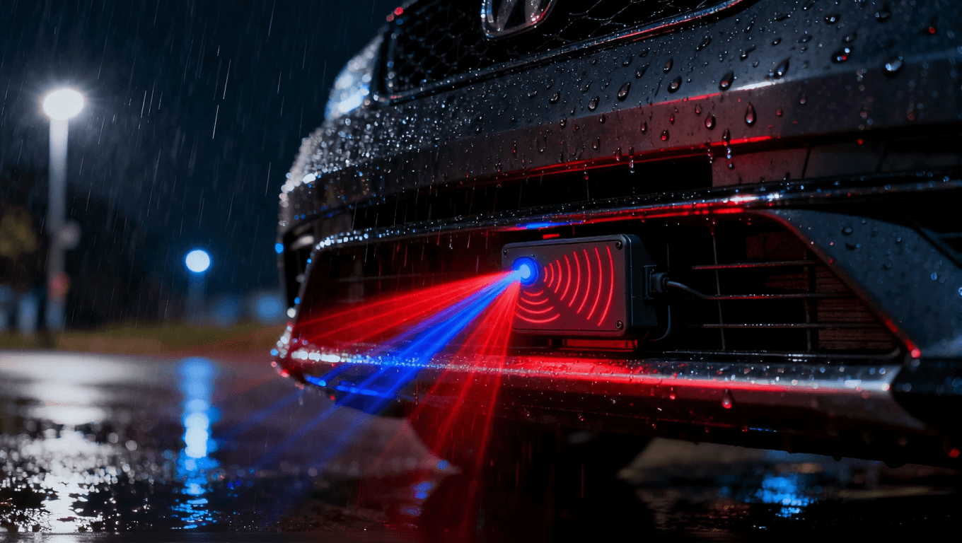 車載雷達模塊在雨夜中工作，發射紅藍波束，體現其在惡劣環境下的可靠性.png