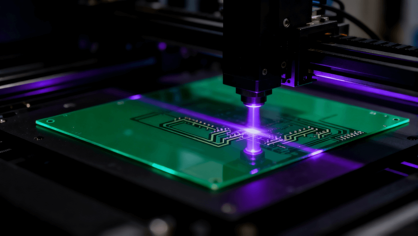 LDI激光直接成像設(shè)備在PCB阻焊層上進(jìn)行精準(zhǔn)曝光的瞬間.png