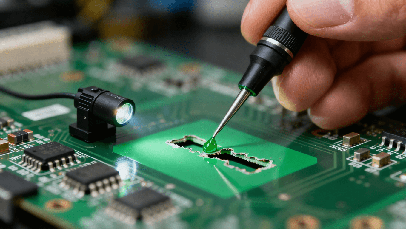 使用精密針頭對PCB上脫落的阻焊橋進(jìn)行局部點(diǎn)涂修復(fù)的微距操作.png